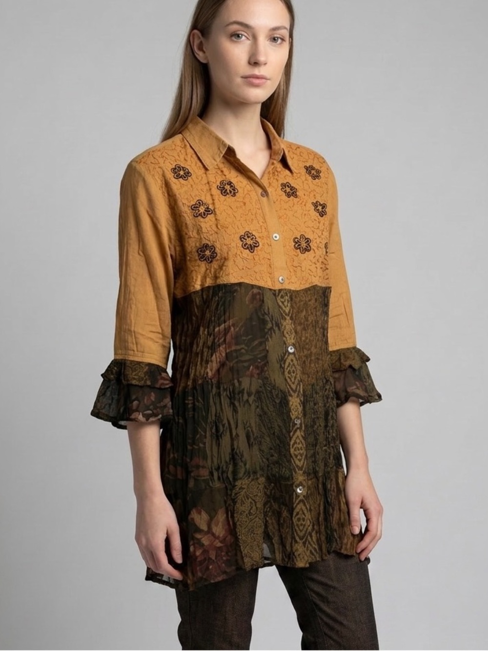 “The Johanna” Embroidered Mustard and Olive Mixed-Print Button Tunic